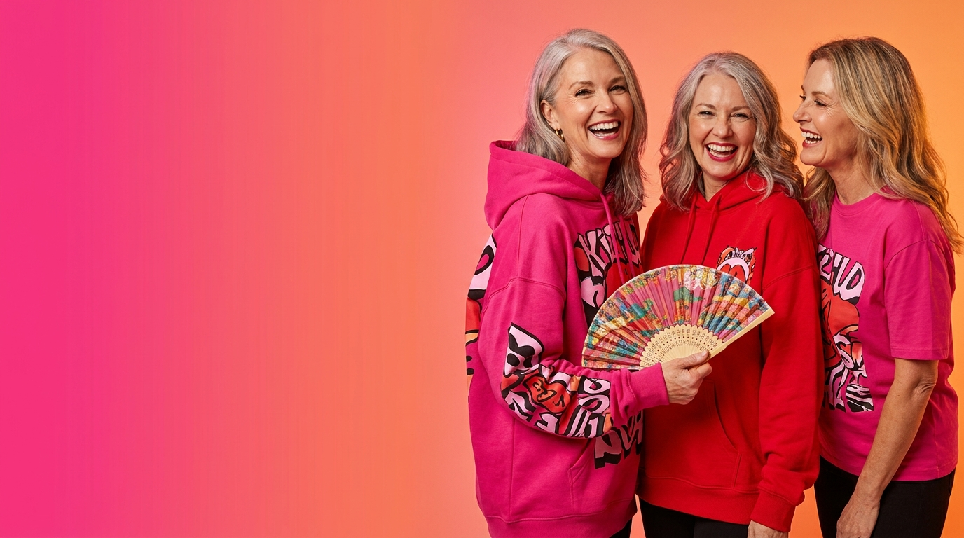 Women laughing in Little Miss Menopause merch