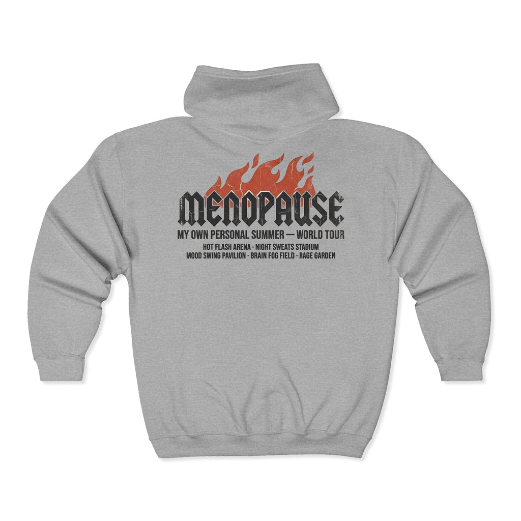 Menopause Tour Zip Hoodie — Funny 'Menopause: My Own Personal Summer World Tour' Graphic