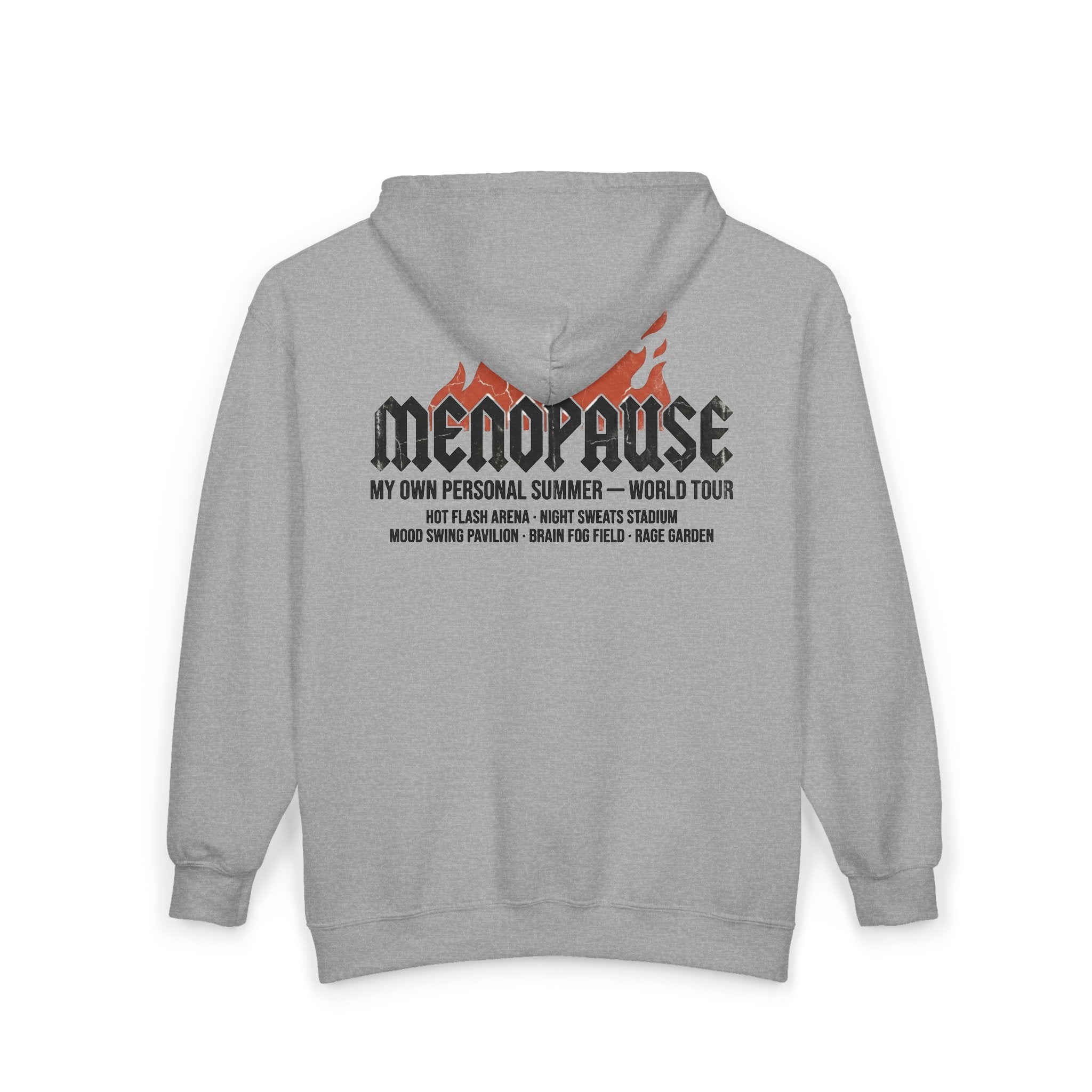 Menopause Tour Zip Hoodie — Funny 'Menopause: My Own Personal Summer World Tour' Graphic